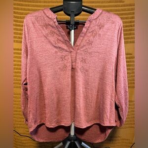 NWT Women’s 1x Cable & Gauge Burnt Russet Blouse Button Sleeve Embroidered VNeck